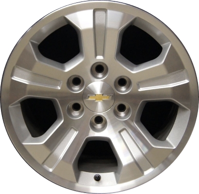 Chevrolet Silverado 1500 2014-2018, Silverado 1500 LD 2019 silver machined 18x8.5 aluminum wheels or rims. Hollander part number 5647U10, OEM part number 20937771.
