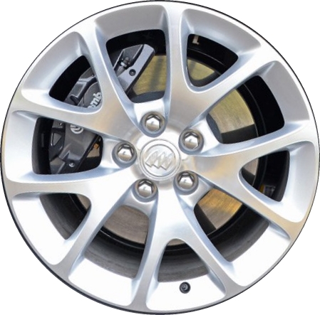 Buick LaCrosse 2012-2016, Regal 2012-2017, Impala 2014-2019 silver machined 19x8.5 aluminum wheels or rims. Hollander part number 4108, OEM part number 13258241, 19303531.