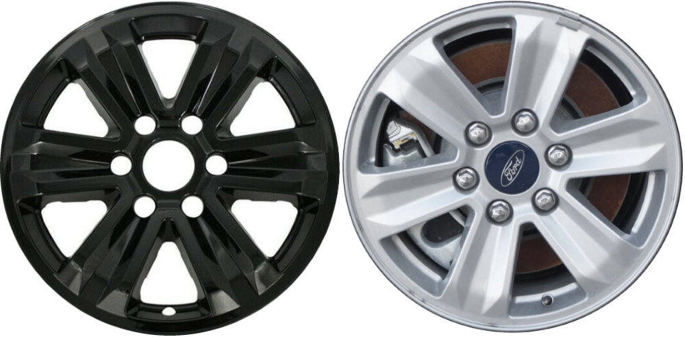 Ford F-150 2015-2020 Black Painted, 6 Spoke, Plastic Hubcaps, Wheel Covers, Wheel Skins, Imposters. Fits 17 Inch Alloy Wheel Pictured to Right. Part Number IMP-387BLK/7965GB.