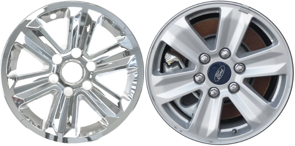 Ford F-150 2015-2020 Chrome, 6 Spoke, Plastic Hubcaps, Wheel Covers, Wheel Skins, Imposters. Fits 17 Inch Alloy Wheel Pictured to Right. Part Number IMP-387X/7965PC.