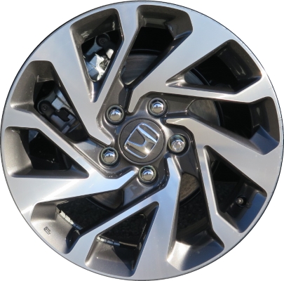 Honda Civic 2016-2020 charcoal or black machined 16x7 aluminum wheels or rims. Hollander part number ALY64095U, OEM part number 42700TBAA71, 42700TBGA81.
