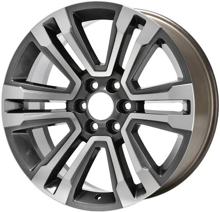 GMC Yukon 2017-2020 dark grey machined 22x9 aluminum wheels or rims. Hollander part number ALY5822U35.PB1L, OEM part number 23217243.