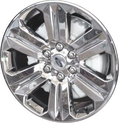 Ford F-150 2018-2020 chrome 20x8.5 aluminum wheels or rims. Hollander part number ALY10171, OEM part number JL3Z1007D.