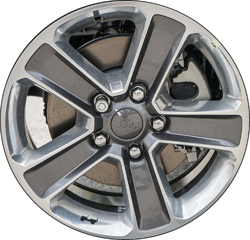 Jeep Wrangler 2019-2023, Wrangler JL 2018 dark grey polished 18x7.5 aluminum wheels or rims. Hollander part number 9221, OEM part number 6BZ41TRMAA, 6BZ411STAA, 6BZ411AUAA.