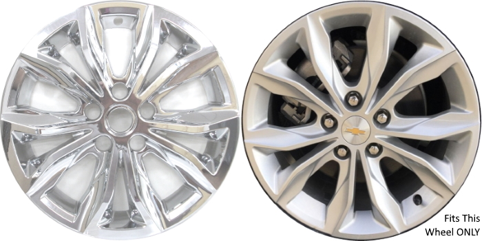 Chevrolet Malibu 2019-2024 Chrome, 10 Spoke, Plastic Hubcaps, Wheel Covers, Wheel Skins, Imposters. ONLY Fits 17 Inch Alloy Wheel Pictured. Part Number IMP-7119PC.