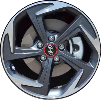 Hyundai Veloster 2019-2021 charcoal machined 18x7.5 aluminum wheels or rims. Hollander part number ALY70955, OEM part number 52910-J3350.