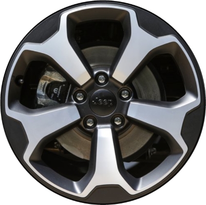 Jeep Renegade 2019-2022 black polished 17x6.5 aluminum wheels or rims. Hollander part number ALY9224, OEM part number 6VN22RXFAA.
