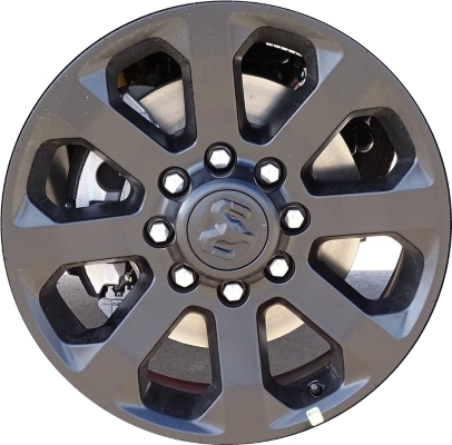 Dodge Ram 2500 2019-2024, Ram 3500 SRW 2019-2024 powder coat black 20x8 aluminum wheels or rims. Hollander part number 2697, OEM part number 6MH99RXFAA.