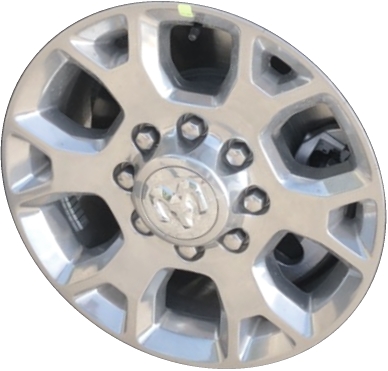 Dodge Ram 2500 2019-2024, Ram 3500 SRW 2019-2024, Ram Chassis Cab SRW 2019-2022 polished 18x8 aluminum wheels or rims. Hollander part number 2693, OEM part number 6MS02AAAAA.