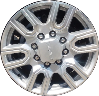 GMC Sierra 2500 2020-2024, Sierra 3500 SRW 2020-2024 silver machined 20x8.5 aluminum wheels or rims. Hollander part number 5950U10, OEM part number 84393883.