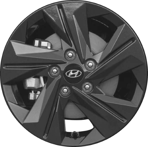 Hyundai Elantra 2021-2023 powder coat black 16x6.5 aluminum wheels or rims. Hollander part number ALY71002, OEM part number 52910-AB200, 52910-AA230.