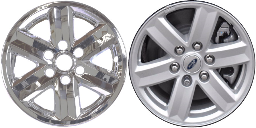 Ford F-150 2021-2024 Chrome, 6 Spoke, Plastic Hubcaps, Wheel Covers, Wheel Skins, Imposters. Fits 17 Inch Alloy Wheel Pictured to Right. Part Number IMP-477X.