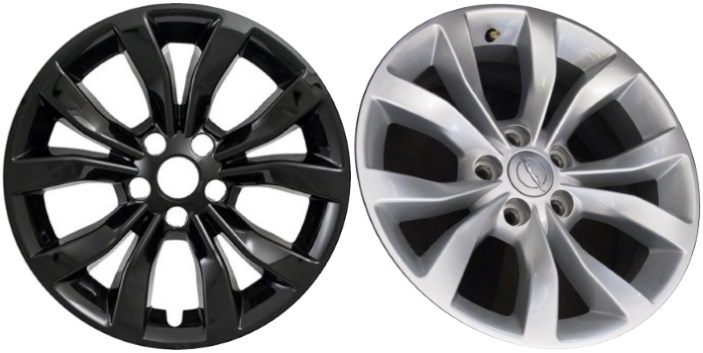 Chrysler 300 2015-2023 Black Painted, 10 Spoke, Plastic Hubcaps, Wheel Covers, Wheel Skins, Imposters. Fits 17 Inch Alloy Wheel Pictured to Right. Part Number IMP-381BLK.