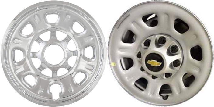 GMC Sierra 2500 2011-2024, GMC Sierra 3500 SRW 2011-2024 Chrome, 8 Hole, Plastic Hubcaps, Wheel Covers, Wheel Skins, Imposters. Fits 18 Inch Steel Wheel Pictured to Right. Part Number IMP-92X.