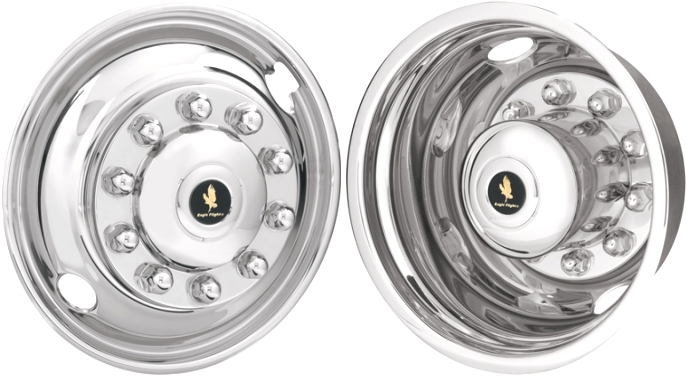 Ford F-650 2000-2024, Ford F-750 2000-2024, Stainless Steel Hubcaps, Wheel Covers, Simulators and Liners for 22.5 Inch Steel Wheels. Part Number JD22102.