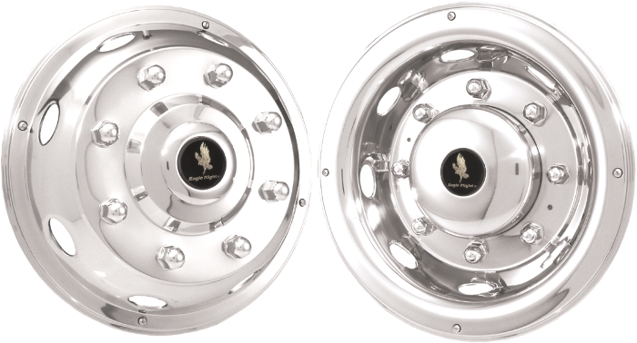 International 4100 1990-2016, International 4200 1990-2016, International 4300 1990-2016, International 4400 1990-2016, Stainless Steel Hubcaps, Wheel Covers, Simulators and Liners for 19.5 Inch Steel Wheels. Part Number QC1019.