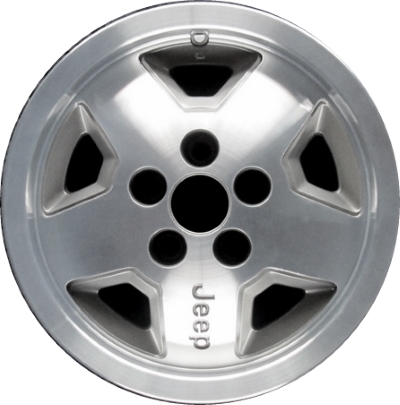 Jeep Cherokee 1987-1993, Comanche 1987-1992, Wagoneer 1987-1990, Wrangler 1987-1995 silver machined 15x7 aluminum wheels or rims. Hollander part number 1512, OEM part number 52003368.