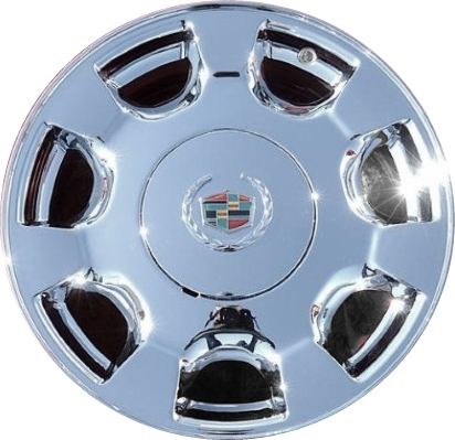 Cadillac Deville 2000-2005 chrome 16x7 aluminum wheels or rims. Hollander part number ALY4550/4560, OEM part number 9593258, 9594251.