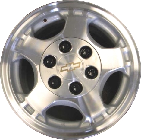 Chevrolet Astro 2003-2005, Express 1500 2003-2008, Silverado 1500 1999-2008 silver machined 16x7 aluminum wheels or rims. Hollander part number 5073, OEM part number 9592558.