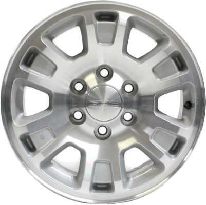 GMC Sierra 1500 2005-2012, Yukon 1500 2005-2012 silver machined 17x7.5 aluminum wheels or rims. Hollander part number 5222, OEM part number 9595382.