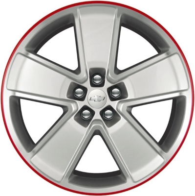 Chevrolet Camaro 2012-2015 silver machined w/ red line 21x8.5 aluminum wheels or rims. Hollander part number ALY5549U10, OEM part number 22764287.
