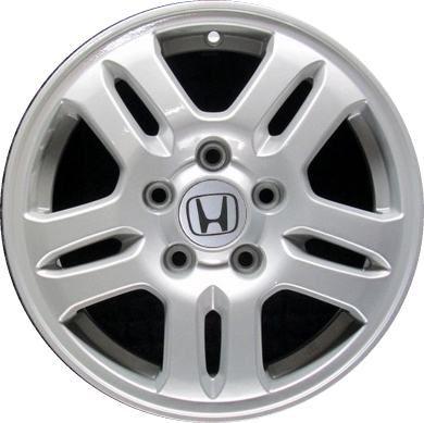 Honda CR-V 2002-2004 powder coat silver 15x6 aluminum wheels or rims. Hollander part number ALY63842U20, OEM part number 42700S9AA01, 42700S9AA02, 42700S9AA03, 42700SCAG01, 42700SCAG02.