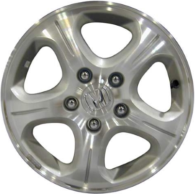 Honda CR-V 2002-2004 silver machined 15x6 aluminum wheels or rims. Hollander part number ALY63843, OEM part number 08W15-S9A-101A.