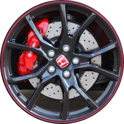 Honda Civic 2017-2021 powder coat black w/ red lip 20x8.5 aluminum wheels or rims. Hollander part number ALY64116, OEM part number 42700TGHA91, 42700TGHA92.