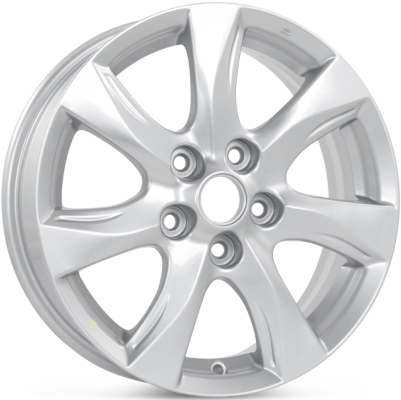 Mazda 3 2010-2012 powder coat silver 16x6.5 aluminum wheels or rims. Hollander part number ALY64927, OEM part number 9965876560, 9965A16560.