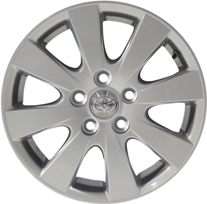 Toyota Camry 2007-2011 powder coat silver 16x6.5 aluminum wheels or rims. Hollander part number ALY69496, OEM part number 4261106360, 4261106361, 4261133530, 4261133531, 4261133620.