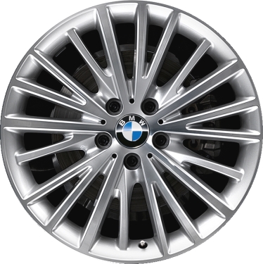 BMW 320i 2014-2015, 328i 2014-2015, 335i 2014-2015, 428i 2014-2016, 430i 2017, 435i 2014-2016, 440i 2017, ActiveHybrid 3 2014-2015 silver machined 19x8 aluminum wheels or rims. Hollander part number 86007, OEM part number 36116856218.