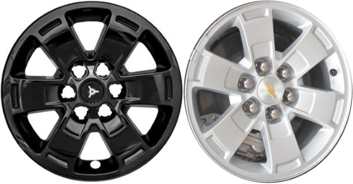 Chevrolet Colorado 2015-2020, GMC Canyon 2015-2020 Black, 6 Spoke, Plastic Hubcaps, Wheel Covers, Wheel Skins, Imposters. Fits 16 Inch Alloy Wheel Pictured to Right. Part Number IMP-444BLK.