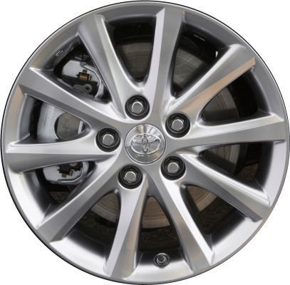Toyota Camry 2010-2011 powder coat hyper silver 16x6.5 aluminum wheels or rims. Hollander part number ALY69565U77, OEM part number 4261106640, 4261133680, 4261A06010, 4261A06020.