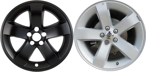 Dodge Challenger 2008-2014, Dodge Charger RWD 2006-2010, Dodge Magnum RWD 2005-2008 Black, 5 Spoke, Plastic Hubcaps, Wheel Covers, Wheel Skins, Imposters. Fits 18 Inch Alloy Wheel Pictured to Right. Part Number IMP-355BLK.