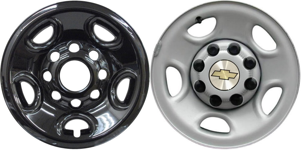 Chevrolet Silverado 1500 HD 2001-2007, Chevrolet Silverado 2500 1999-2010, Chevrolet Silverado 3500 SRW 2001-2010, Chevrolet Suburban 2500 2000-2014 Black Painted, 5 Spoke, Plastic Hubcaps, Wheel Covers, Wheel Skins, Imposters. Fits 16 Inch Steel Wheel Pictured to Right. Part Number IMP-617GB.