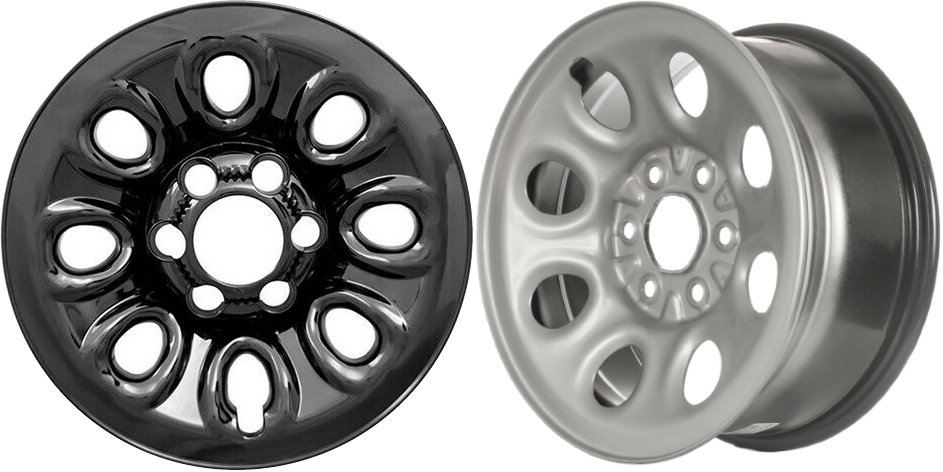 Chevrolet Silverado 1500 2005-2013, Chevrolet Suburban 1500 2007-2014, Chevrolet Tahoe 2007-2014 Black, 8 Hole, Plastic Hubcaps, Wheel Covers, Wheel Skins, Imposters. Fits 17 Inch Steel Wheel Pictured to Right. Part Number IMP-64GBLK.