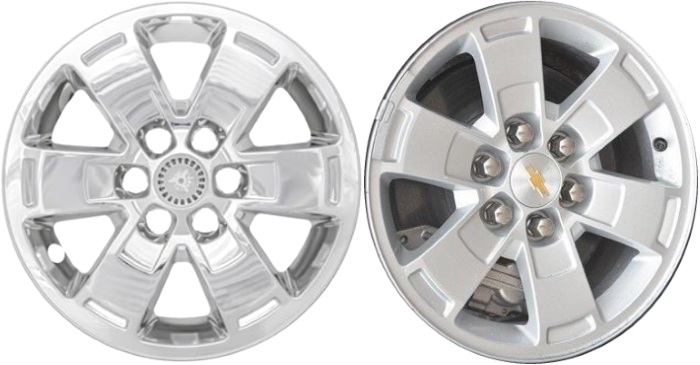 Chevrolet Colorado 2015-2020, GMC Canyon 2015-2020 Chrome, 6 Spoke, Plastic Hubcaps, Wheel Covers, Wheel Skins, Imposters. Fits 16 Inch Alloy Wheel Pictured to Right. Part Number IMP-444X.