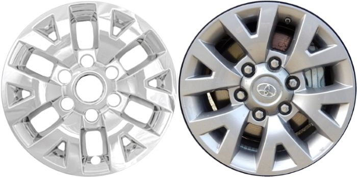 Toyota Tacoma 2016-2023 Chrome, 6 Y-Spoke, Plastic Hubcaps, Wheel Covers, Wheel Skins, Imposters. Fits 16 Inch Alloy Wheel Pictured to Right. Part Number IMP-445X.