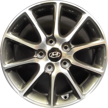 Hyundai Elantra 2011-2013 grey machined 16x6.5 aluminum wheels or rims. Hollander part number ALY97529/160033, OEM part number 3YF40-AB100, 3YF40-AB000.