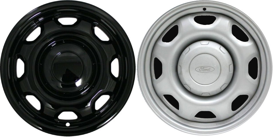 Ford F-150 2010-2024 Black Painted, 8 Hole, Plastic Hubcaps, Wheel Covers, Wheel Skins, Imposters. Fits 17 Inch Steel Wheel Pictured to Right. Part Number IMP-80BLK.