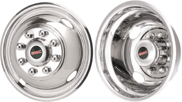 GMC C/K 3500 DRW 1990-1998, GMC Sierra 3500 DRW 1999-2007, Stainless Steel Hubcaps, Wheel Covers, Simulators and Liners for 16 Inch Steel Wheels. Part Number JGM3500-GMC.
