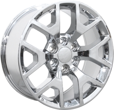 GMC Sierra 1500 2014-2018, Yukon 2015-2020 chrome 20x9 aluminum wheels or rims. Hollander part number 5656, OEM part number 22953509.