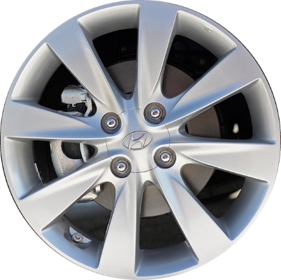 Hyundai Accent 2012-2014 powder coat silver 16x6 aluminum wheels or rims. Hollander part number ALY70817U/A, OEM part number 529101R305.