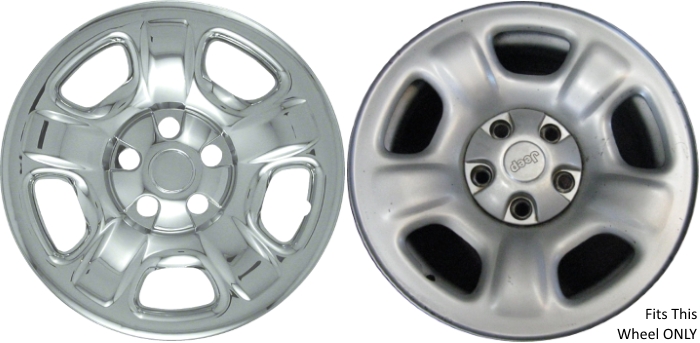 Jeep Liberty 2002-2007 Chrome, 5 Spoke, Plastic Hubcaps, Wheel Covers, Wheel Skins, Imposters. ONLY Fits 16 Inch Steel Wheel Pictured. Part Number IMP-40X.