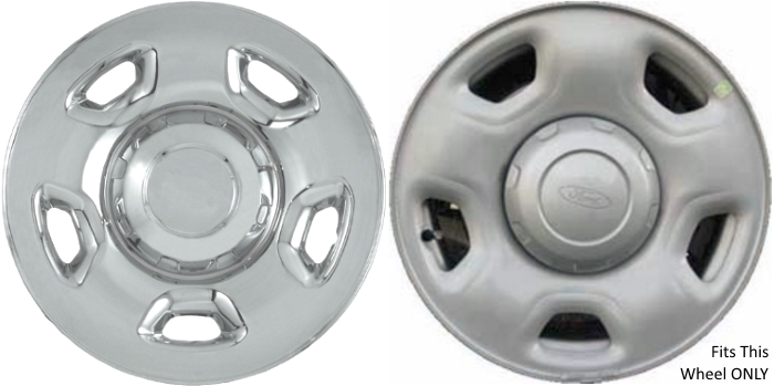 Ford F-150 2004-2014 Chrome, 5 Spoke, Plastic Hubcaps, Wheel Covers, Wheel Skins, Imposters. ONLY Fits 17 Inch Steel Wheel Pictured. Part Number IMP-59XN/7958PC.