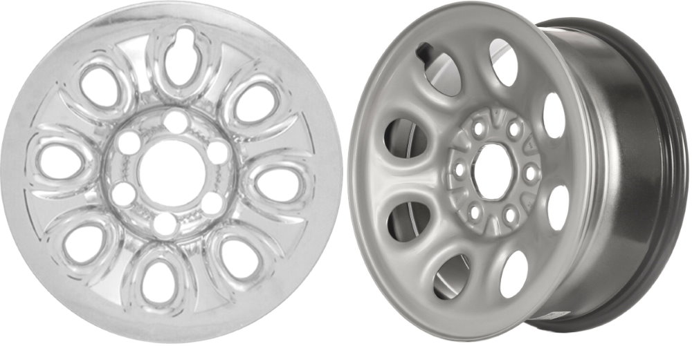 Chevrolet Silverado 1500 2005-2013, Chevrolet Suburban 1500 2007-2014, Chevrolet Tahoe 2007-2014 Chrome, 8 Hole, Plastic Hubcaps, Wheel Covers, Wheel Skins, Imposters. Fits 17 Inch Steel Wheel Pictured to Right. Part Number IMP-64X.