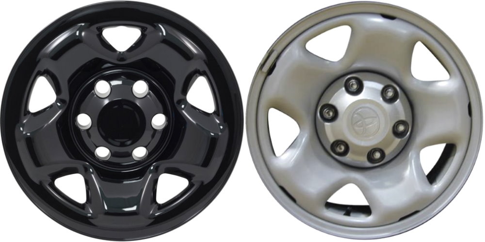 Toyota Tacoma 2005-2023 Black Painted, 5 Spoke, Plastic Hubcaps, Wheel Covers, Wheel Skins, Imposters. Fits 16 Inch Steel Wheel Pictured to Right. Part Number IMP-68BLK/6947GB.