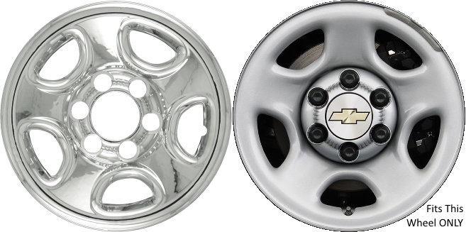 Chevrolet Silverado 1500 1999-2012, Chevrolet Suburban 1500 2000-2012, Chevrolet Tahoe 2000-2012 Chrome, 5 Spoke, Plastic Hubcaps, Wheel Covers, Wheel Skins, Imposters. ONLY Fits 16 Inch Steel Wheel Pictured. Part Number IMP-08X.