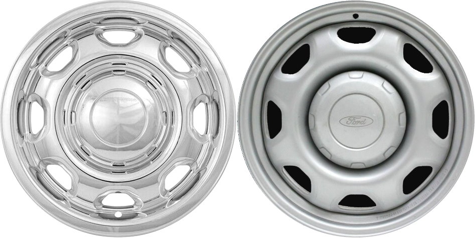 Ford F-150 2010-2024 Chrome, 8 Hole, Plastic Hubcaps, Wheel Covers, Wheel Skins, Imposters. Fits 17 Inch Steel Wheel Pictured to Right. Part Number IMP-80X/7960PC.