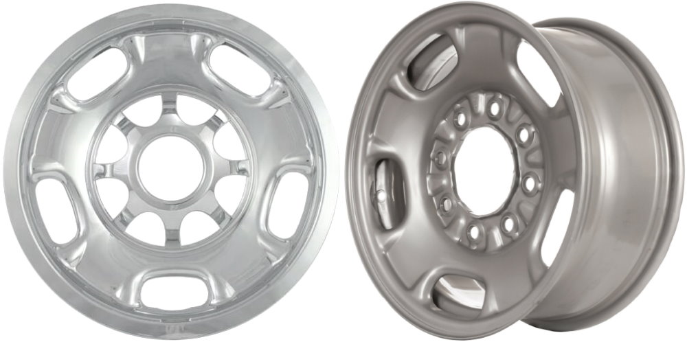 GMC Sierra 2500 2011-2024, GMC Sierra 3500 SRW 2011-2024 Chrome, 5 Spoke, Plastic Hubcaps, Wheel Covers, Wheel Skins, Imposters. Fits 17 Inch Steel Wheel Pictured to Right. Part Number IMP-84X.